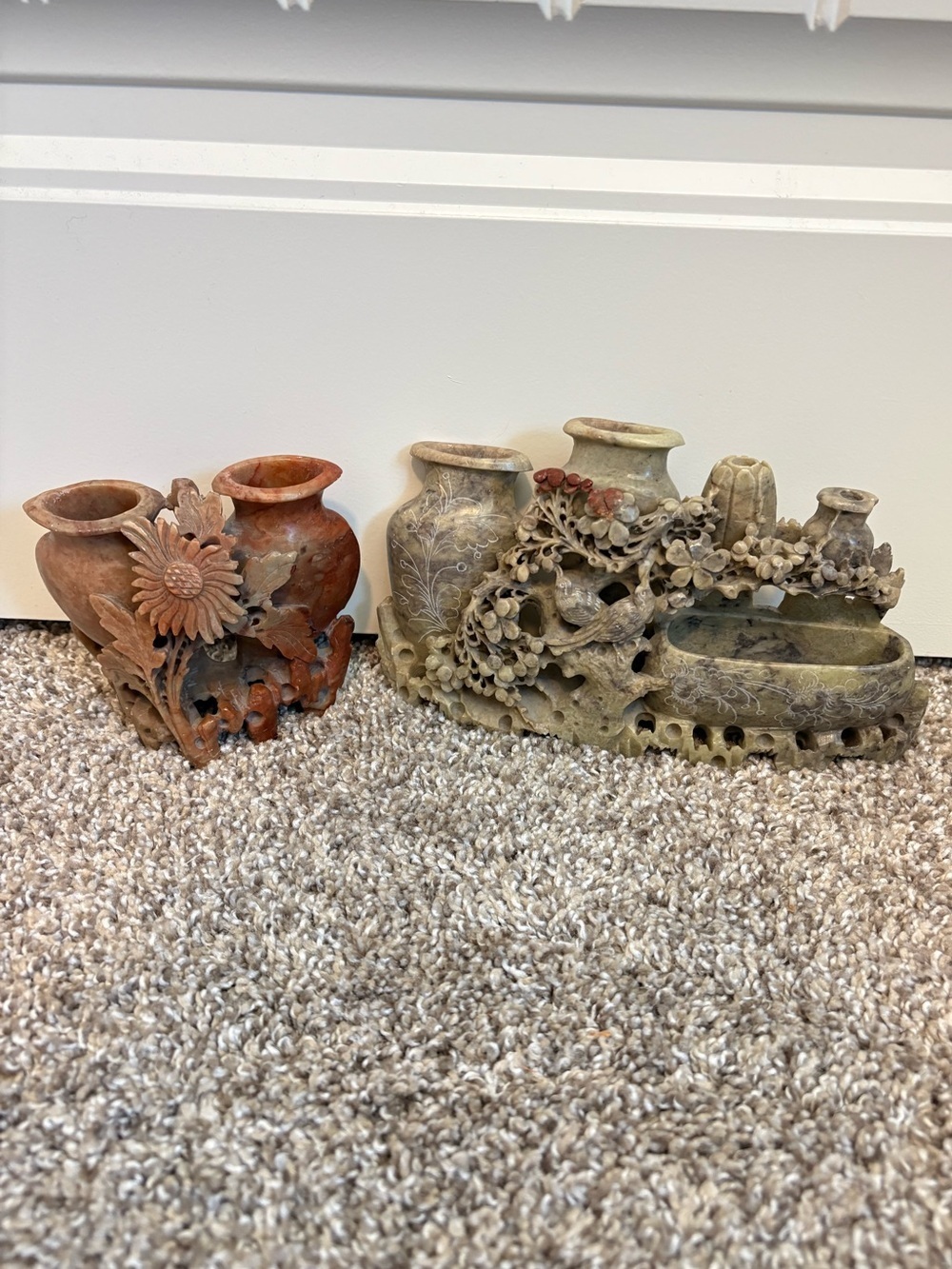 Decorative Chinese soapstone Stone Floral Vase Set - Earth Tones